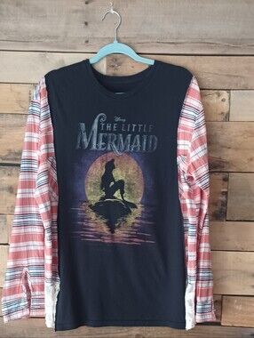 Upcycled The Little Mermaid Graphic Long Sleeve Tee with Plaid Sleeves